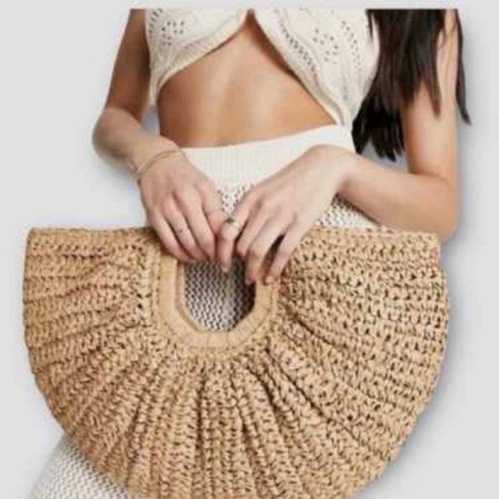 Ramla Crochet Raffia Half Moon Tote Bag NEW